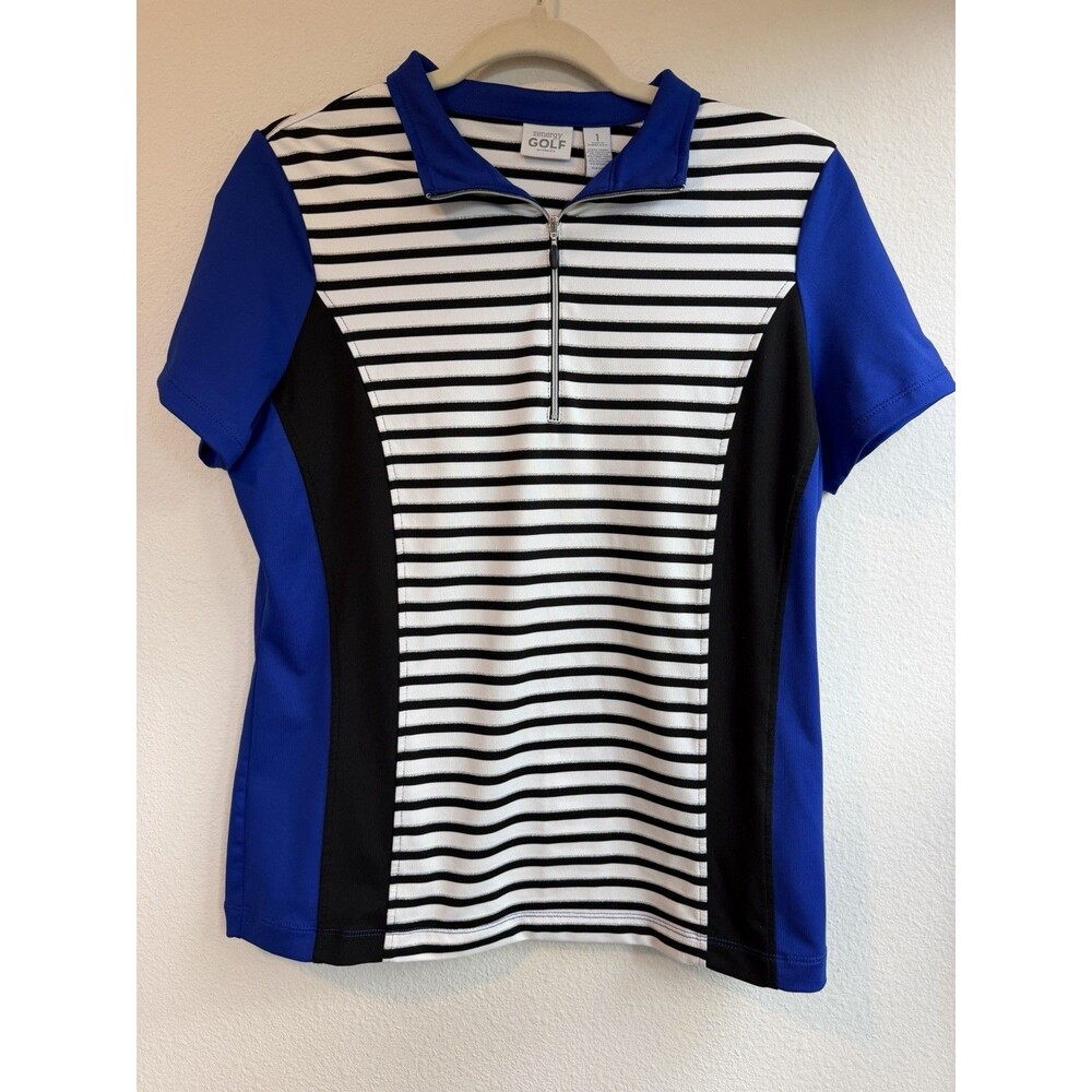 Chico’s Zenergy Golf Women’s Size 1 Blue Black White Striped 1/4 Zip Polo Top